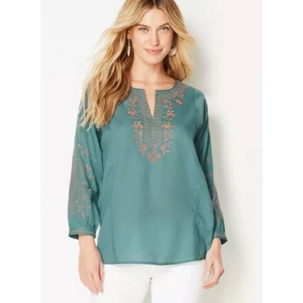 J.Jill Teal Blue Embroidered Tunic Top Womens  Boho V-Neck 3/4 Sleeve Blouse